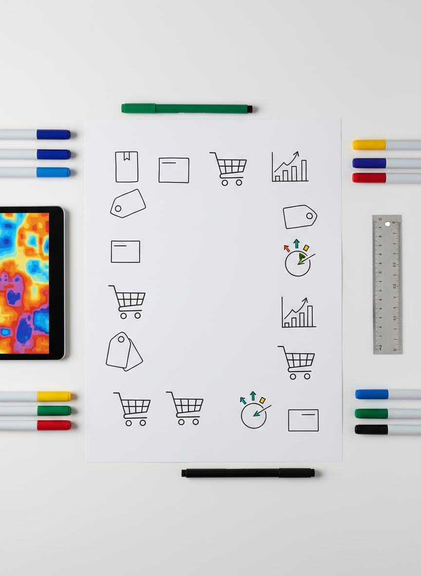 An overhead photographic view of a tidy workspace where a large sheet of white paper serves as a brainstorming canvas for understanding consumer needs. Around it are neatly placed icon-like sketches of shopping carts, product packaging silhouettes, price tags, and satisfaction meters, all non-textual and abstract. A tablet nearby shows a heatmap-style visualization, while colored markers and a ruler frame the scene. Soft, even studio lighting eliminates harsh shadows, creating a clean and modern aesthetic. The composition uses a flat-lay style with sharp focus throughout, conveying organized thinking, structured analysis, and the systematic process of turning consumer behavior into actionable marketing research insights for coursework.