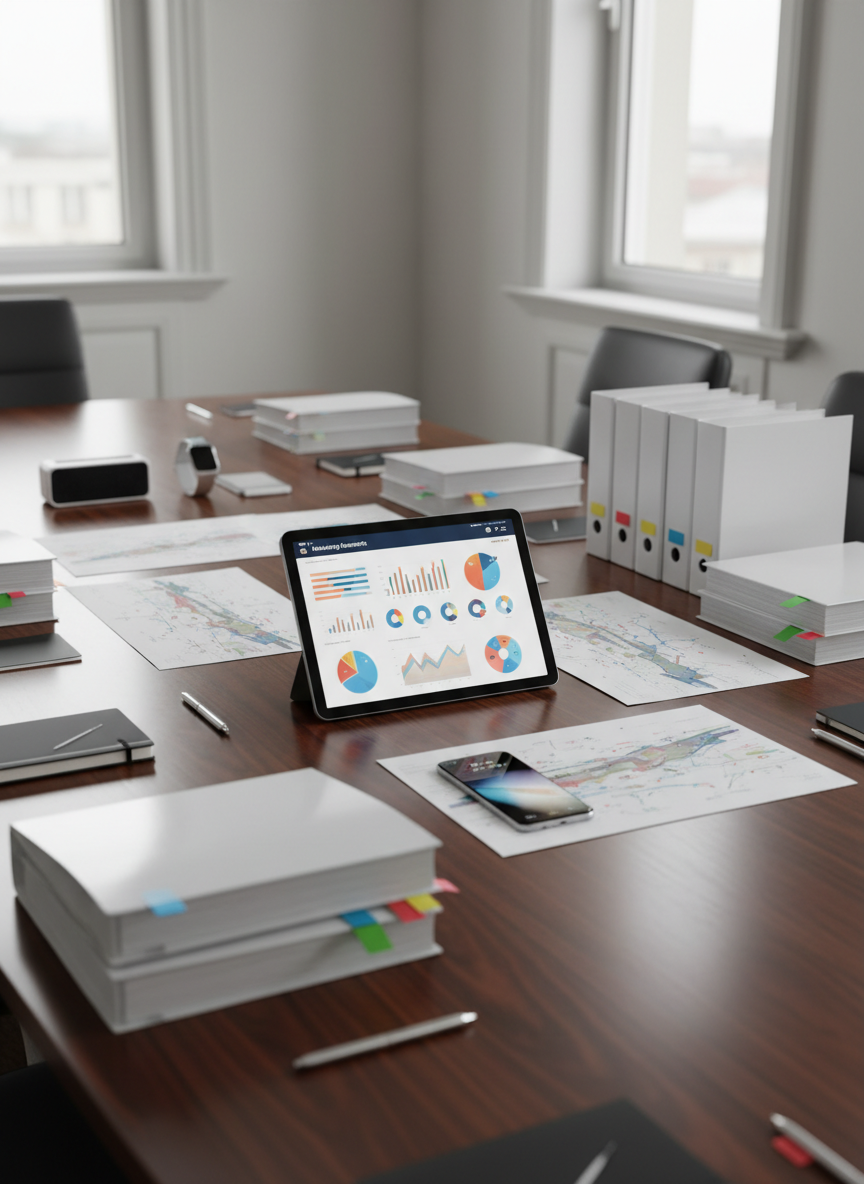 A polished conference table covered with meticulously organized case study binders, product mockups, and printed competition maps arranged around a central tablet displaying a marketing research report. Small sticky notes and colored tabs mark key findings without any legible text. Tall windows along one side allow diffused afternoon light to wash over the dark wood surface, creating subtle highlights on glossy covers and smooth pens. Photographic realism, captured at eye level with a balanced composition, emphasizes the interplay between data, products, and strategic business decisions. The mood is analytical and professional, perfect for illustrating in-depth business case studies in a marketing research-focused student journal.